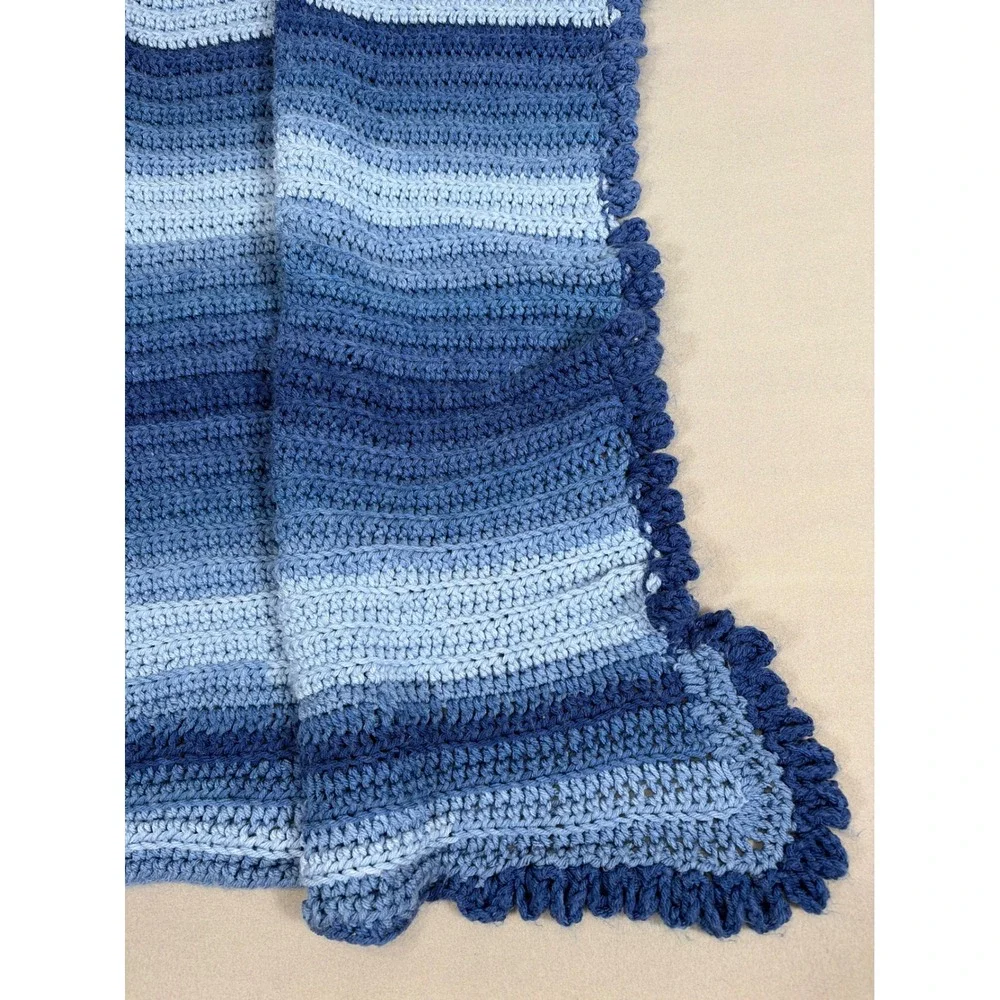 Handmade Crochet‎ Blue Ombre Striped Throw Blanket Scalloped Edge Afghan 48x33